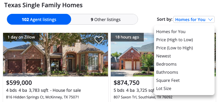 A dropdown of the listing results sorting options, with "Homes for You" selected